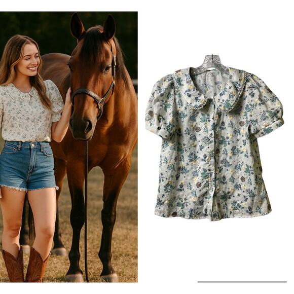 Dazy Tops - Dazy Puff Sleeve Button‎ Front Top Lace Trim Collar Floral Embroidered M (2824)